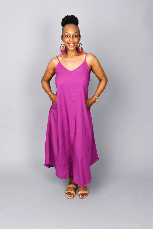CAMI MIDI DRESS W/ SIDE POCKETS| PLUM