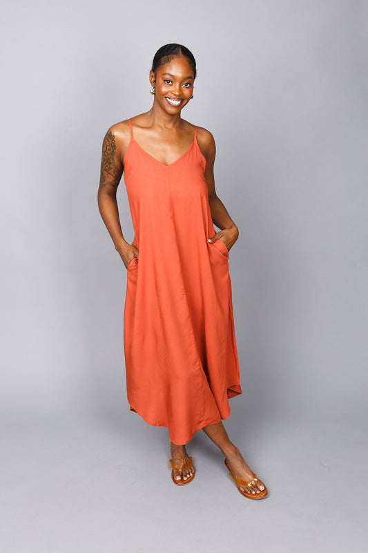 CAMI MIDI DRESS W/ SIDE POCKETS| RUST