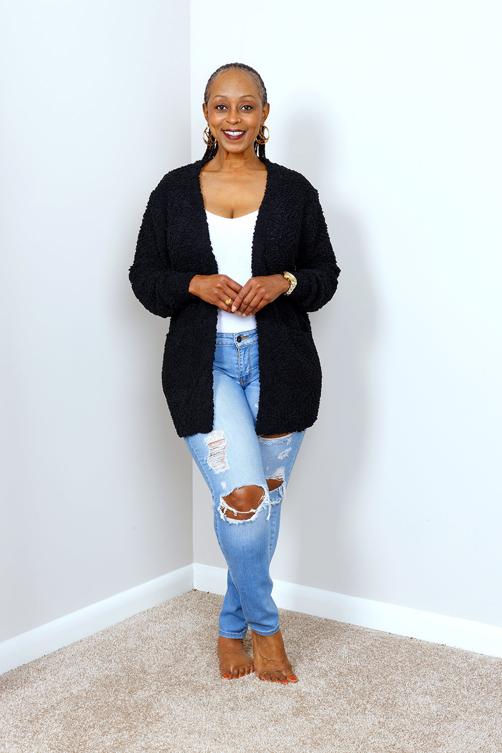 POPCORN CARDIGAN SWEATER w/ POCKETS | BLACK