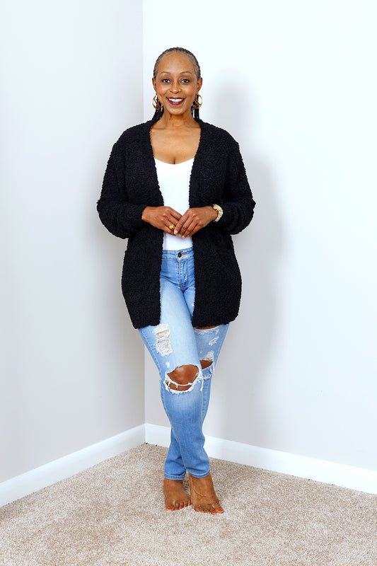 POPCORN CARDIGAN SWEATER w/ POCKETS | BLACK