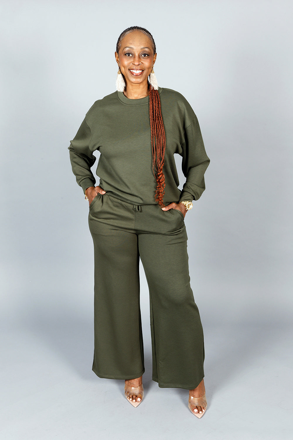 SCUBA CREWNECK WIDE LEG JOGGER SET- DK. OLIVE