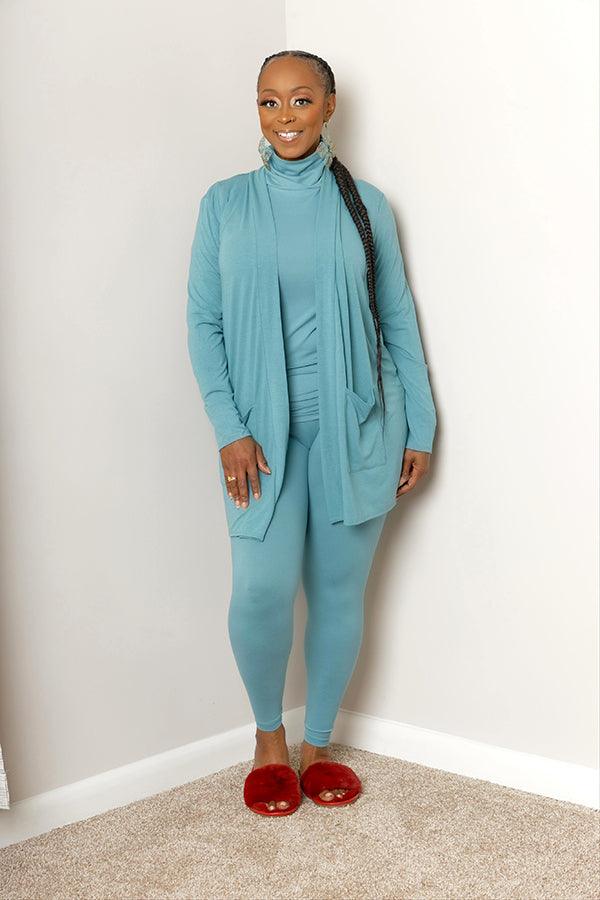 Teal Turtleneck Legging Set with Cardigan