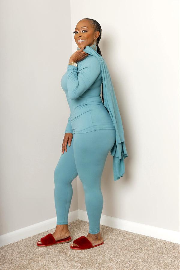 Teal Turtleneck Legging Set with Cardigan