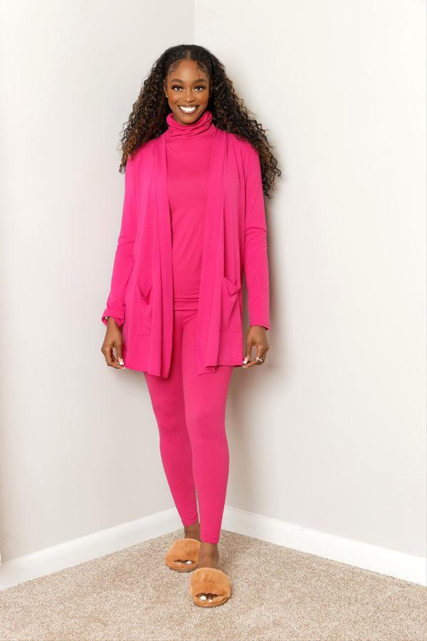Hot Pink Turtleneck Legging Set with Cardigan