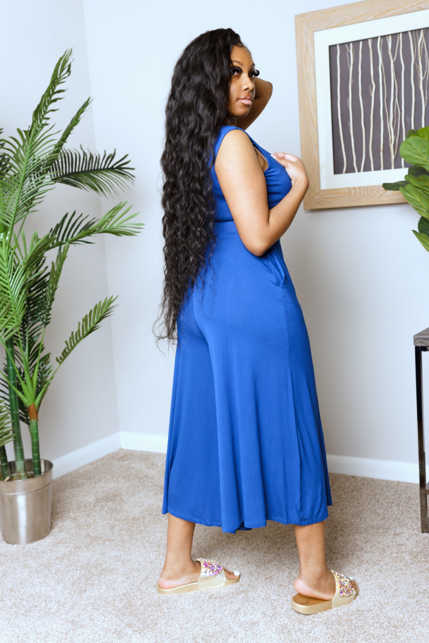 SURPLICE NECKLINE SLEEVELESS JUMPSUIT W/ POCKETS| LT. NAVY