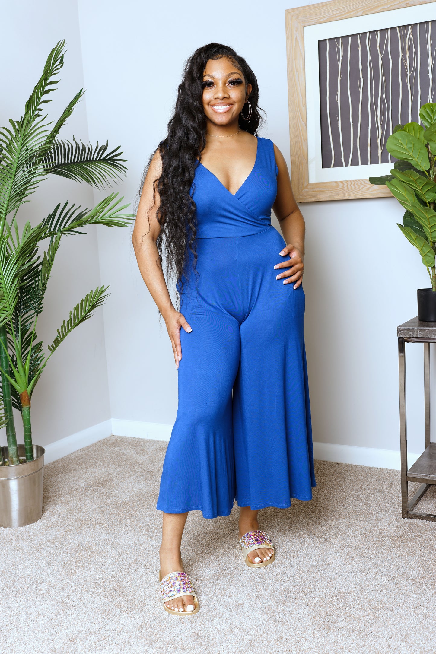 SURPLICE NECKLINE SLEEVELESS JUMPSUIT W/ POCKETS| LT. NAVY