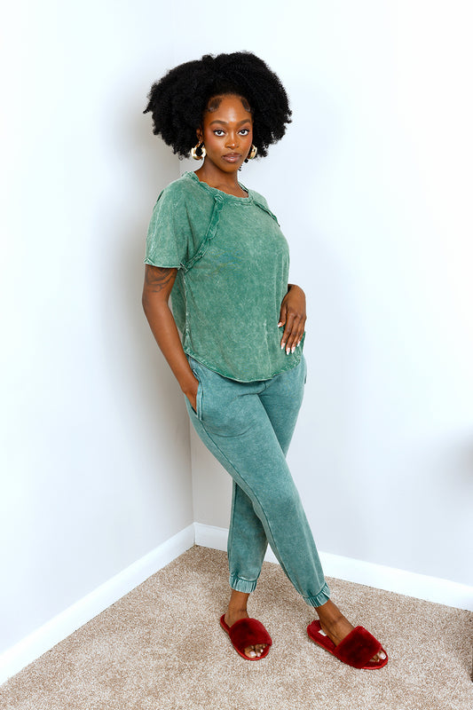 ACID WASH FLEECE SWEATPANTS w/ RAGLAN SLEEVES TSHIRT | DARK GREEN