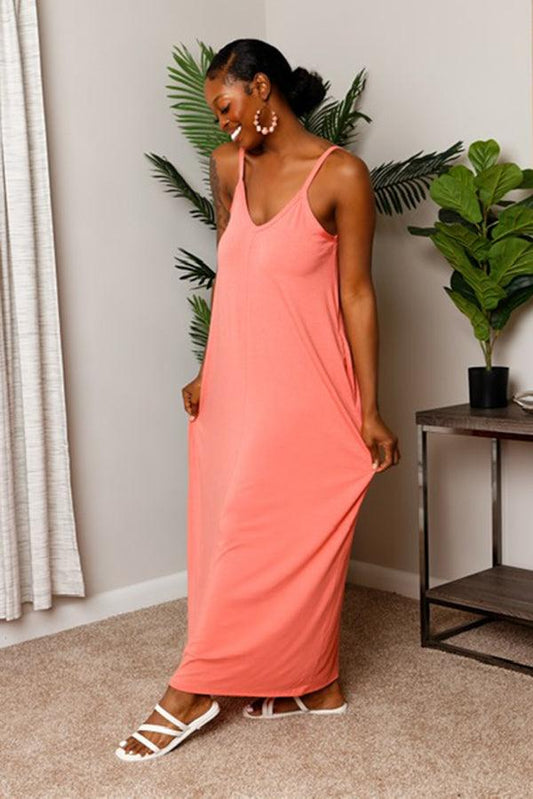 ALL GLOWED UP V- NECK CAMI MAXI DRESS WITH POCKETS - CORAL