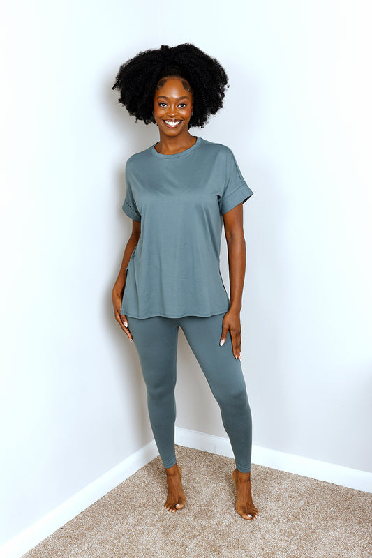 BRUSHED DTY MICROFIBER LOUNGEWEAR LEGGINGS SET | ASH JADE