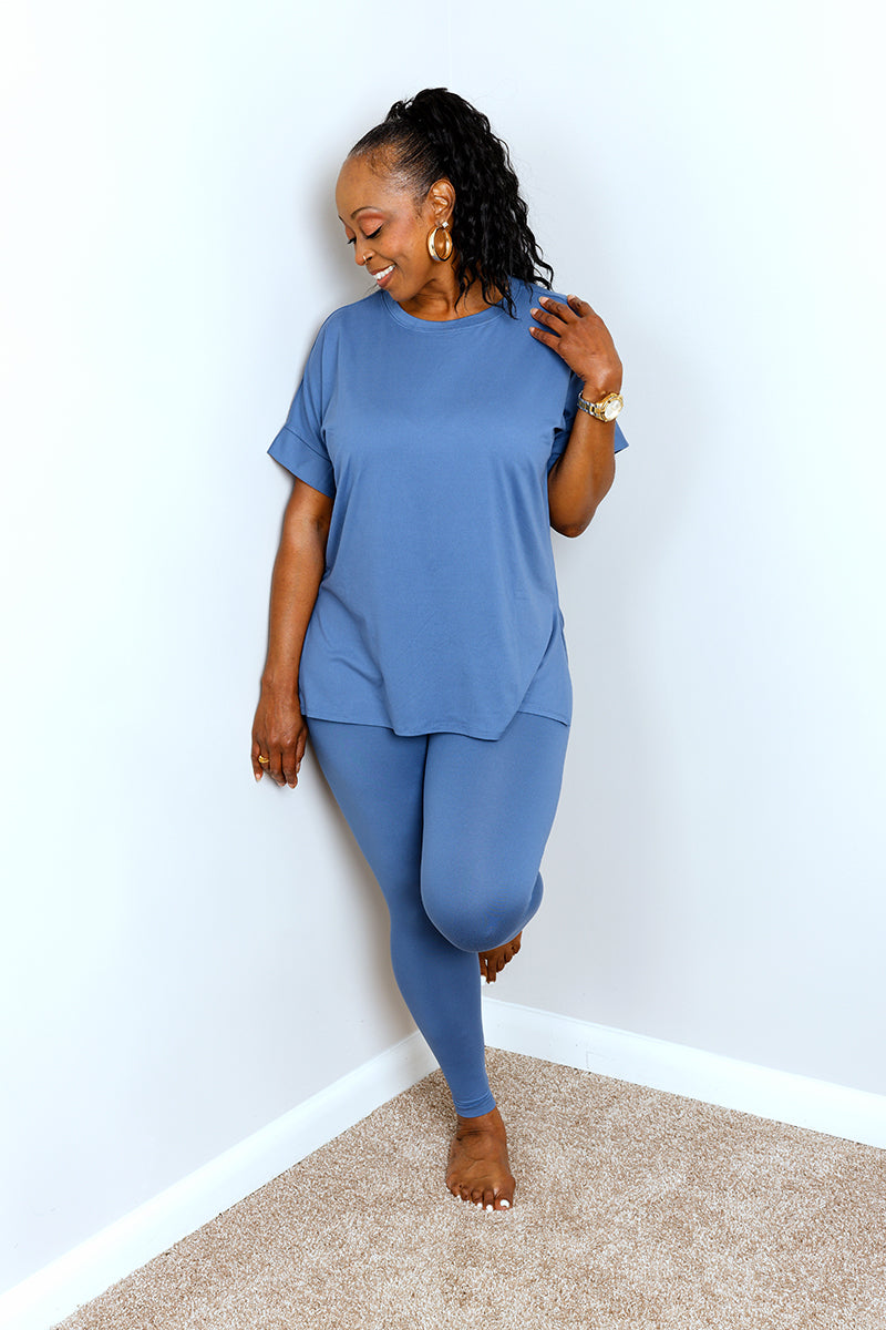 BRUSHED DTY MICROFIBER LOUNGEWEAR LEGGINGS SET | DUSTY BLUE