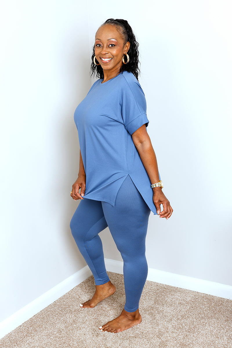 BRUSHED DTY MICROFIBER LOUNGEWEAR LEGGINGS SET | DUSTY BLUE