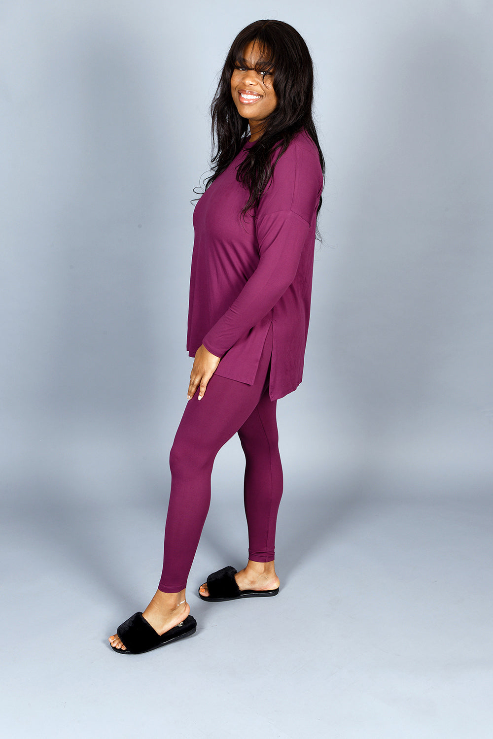 BRUSHED MICROFIBER LOUNGEWEAR LEGGINGS SET- EGGPLANT