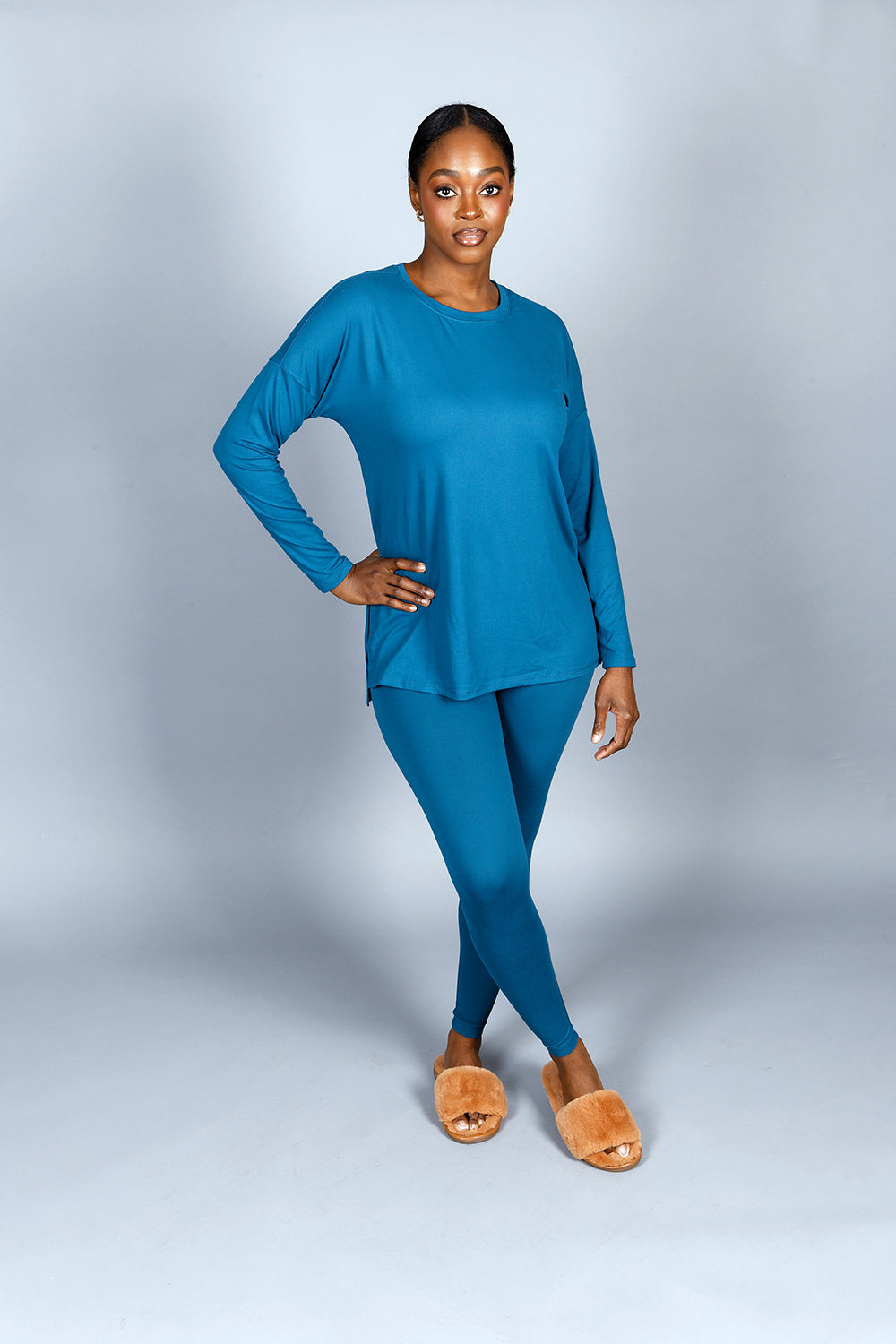 BRUSHED MICROFIBER LOUNGEWEAR LEGGINGS SET-TEAL