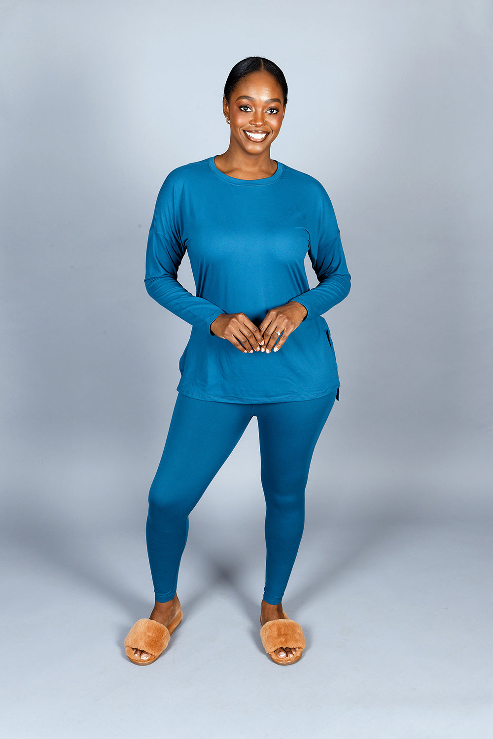 BRUSHED MICROFIBER LOUNGEWEAR LEGGINGS SET-TEAL