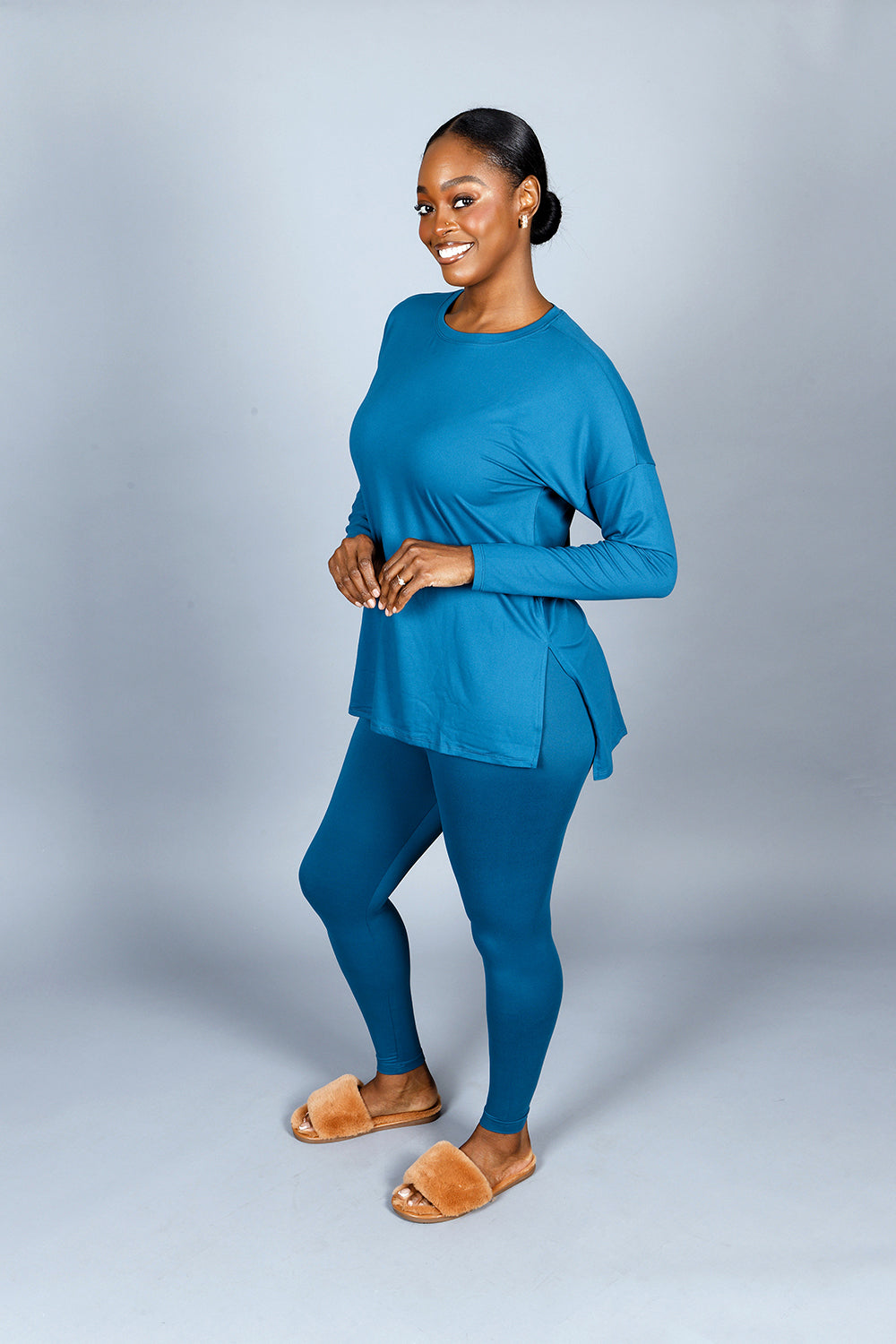 BRUSHED MICROFIBER LOUNGEWEAR LEGGINGS SET-TEAL