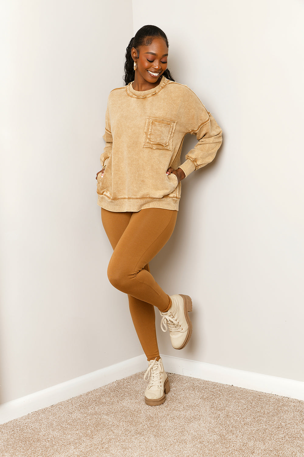 FRENCH TERRY ACID WASH RAW EDGE PULLOVER with POCKETS LEGGING SET | CAMEL TAN