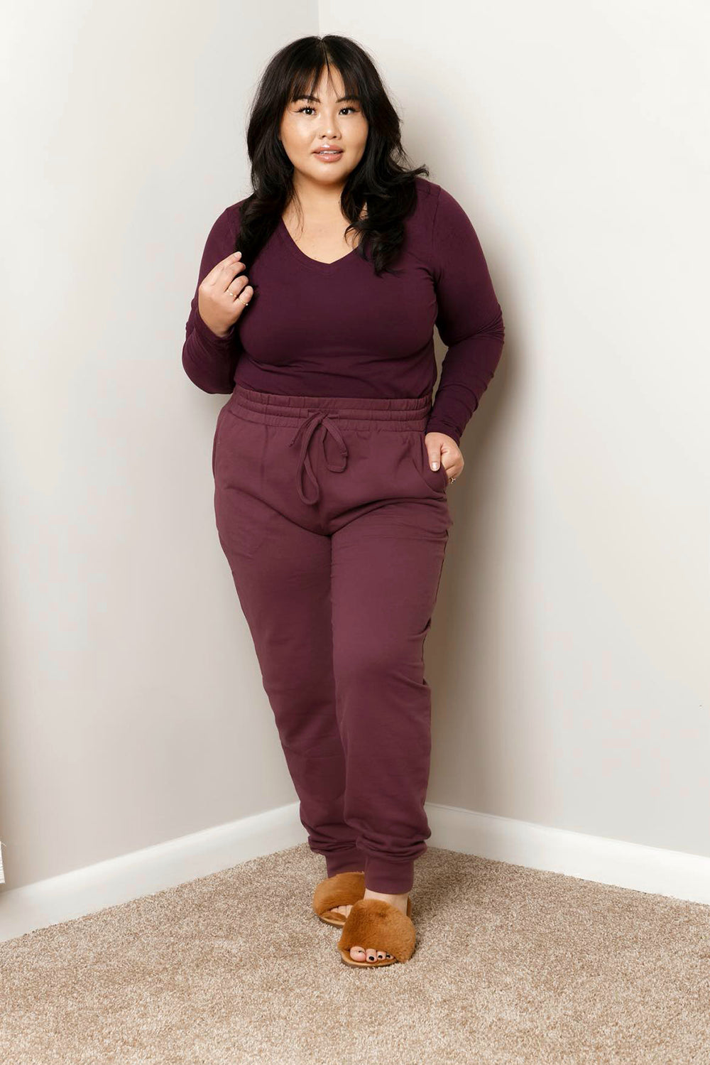 FRENCH TERRY JOGGER PANTS WITH POCKETS SETS| EGGPLANT