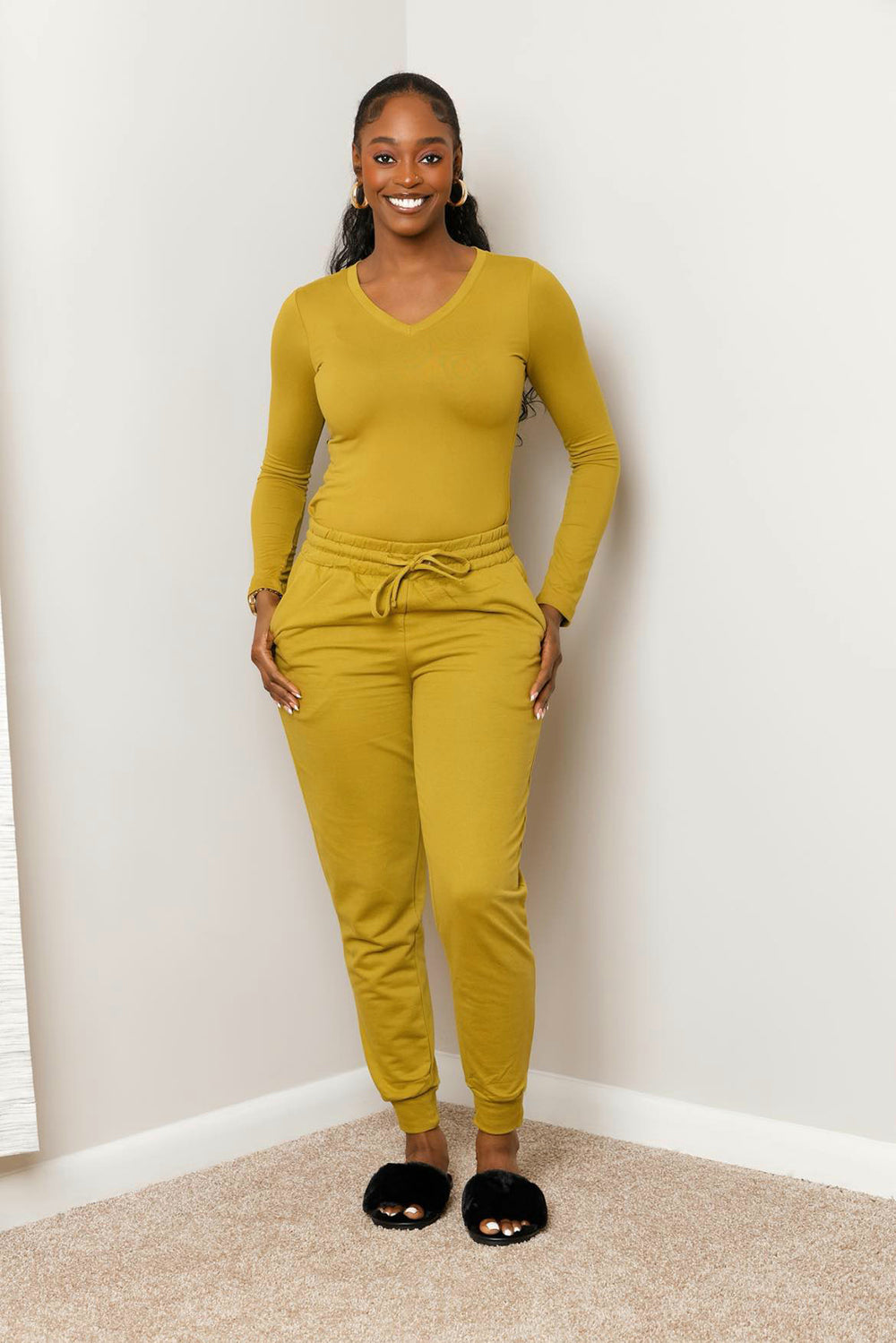 FRENCH TERRY JOGGER PANTS WITH POCKETS SETS| OLIVE MUSTARD
