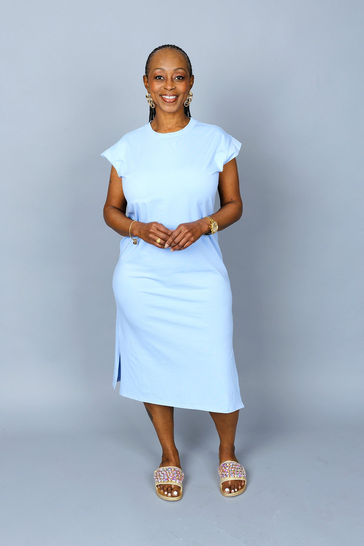 SHORT SLEEVE MIDI DRESS W/SLITS| SPRING BLUE A'Dorn Comfy Closet SHORT SLEEVE MIDI DRESS W/SLITS| SPRING BLUE A'Dorn Comfy Closet