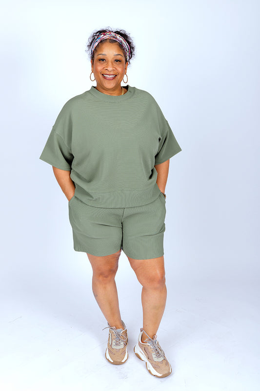 PLUS SIZE RIBBED ROUND NECK WAIST BANDED SHORTS SET- LT. OLIVE