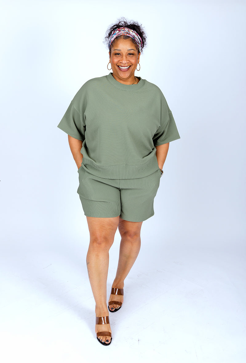 PLUS SIZE RIBBED ROUND NECK WAIST BANDED SHORTS SET- LT. OLIVE
