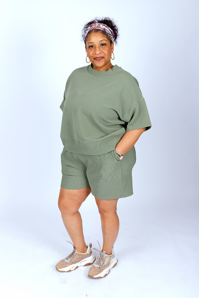 PLUS SIZE RIBBED ROUND NECK WAIST BANDED SHORTS SET- LT. OLIVE