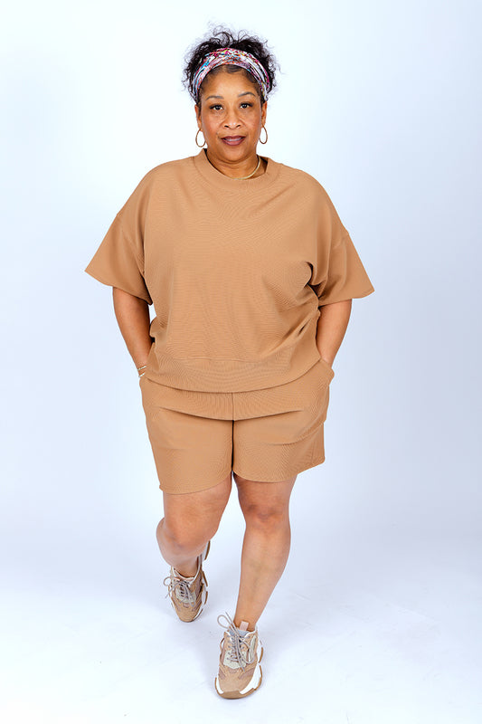 PLUS SIZE RIBBED ROUND NECK WAIST BANDED SHORTS SET- CARAMEL