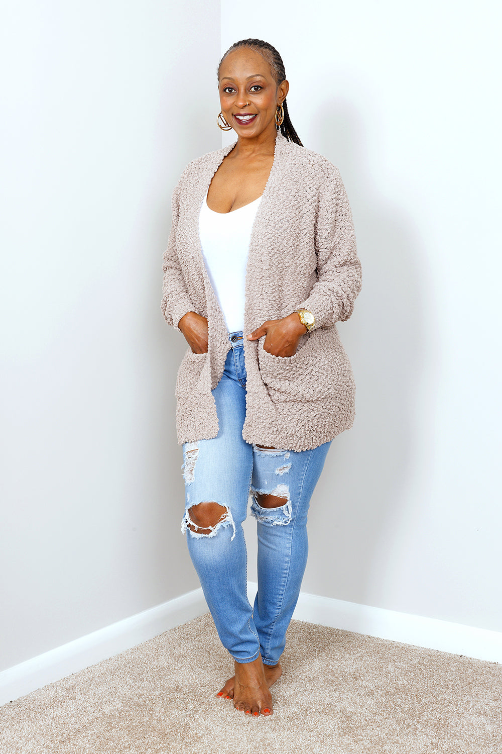 POPCORN CARDIGAN SWEATER w/ POCKETS | ASH MOCHA