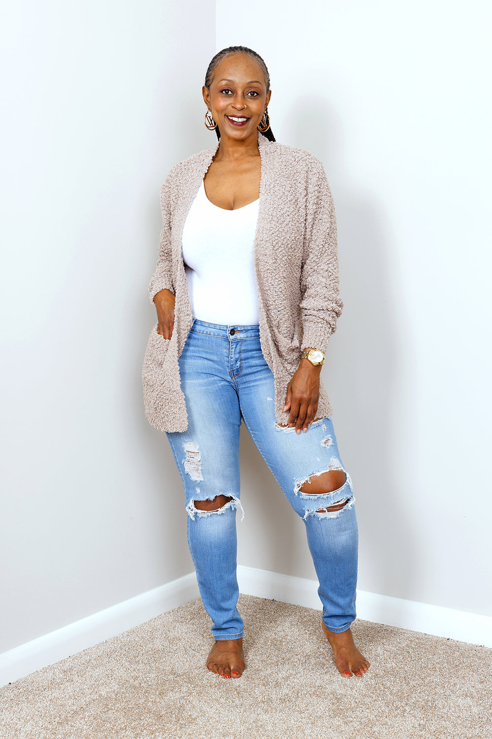 POPCORN CARDIGAN SWEATER w/ POCKETS | ASH MOCHA