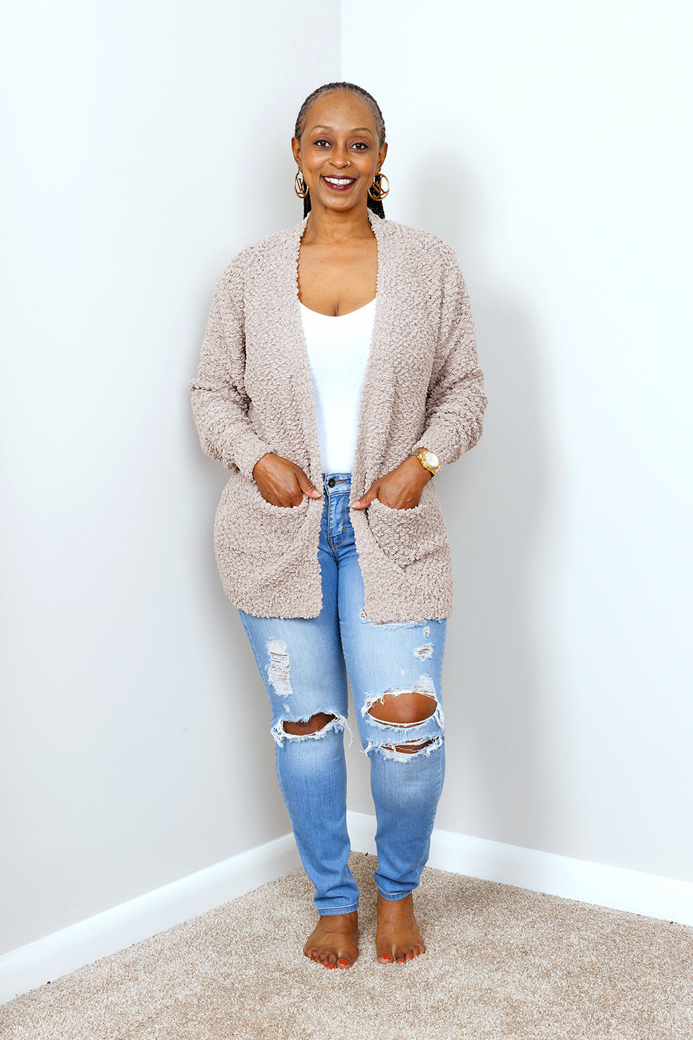 POPCORN CARDIGAN SWEATER w/ POCKETS | ASH MOCHA