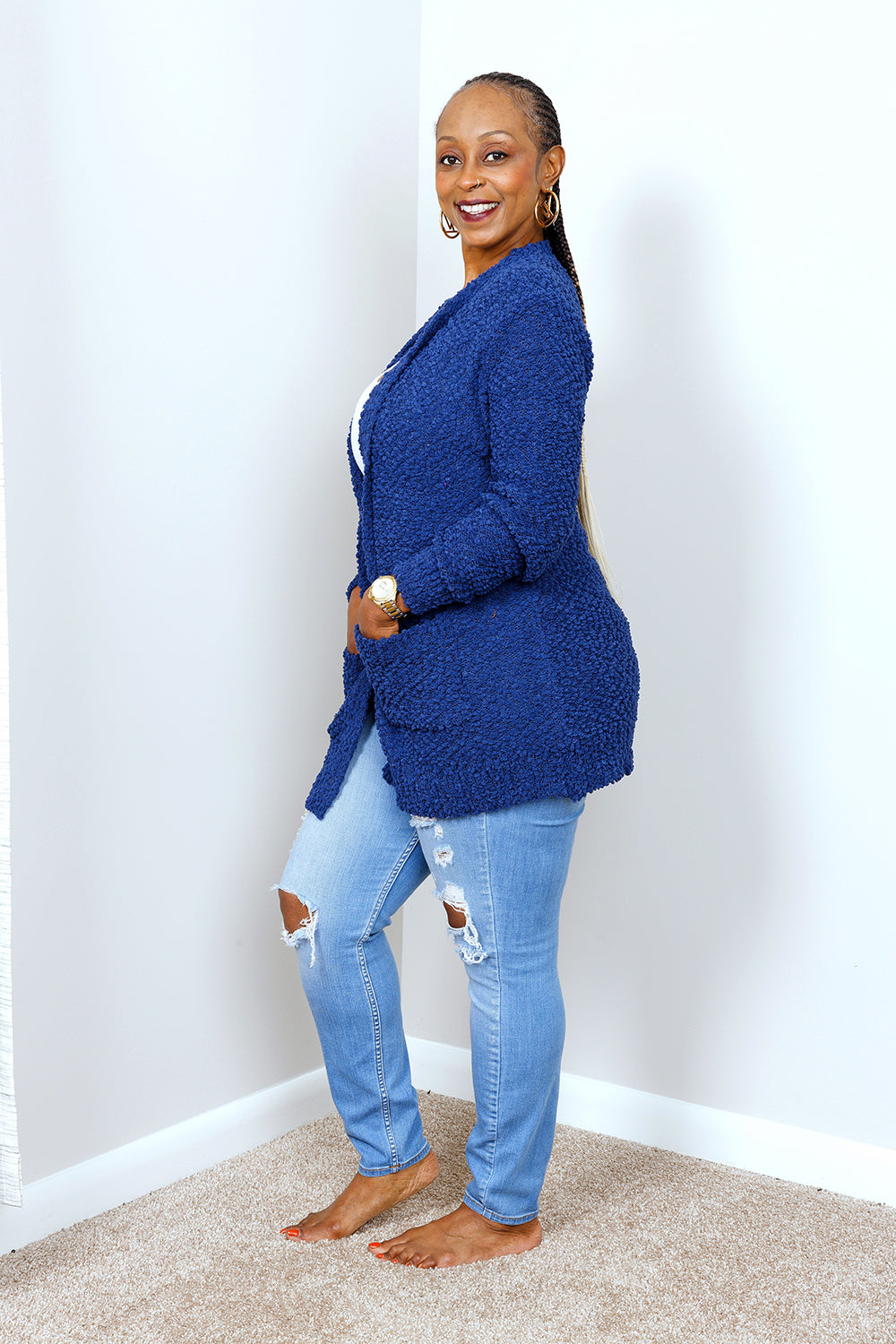 POPCORN CARDIGAN SWEATER w/ POCKETS | LT. NAVY