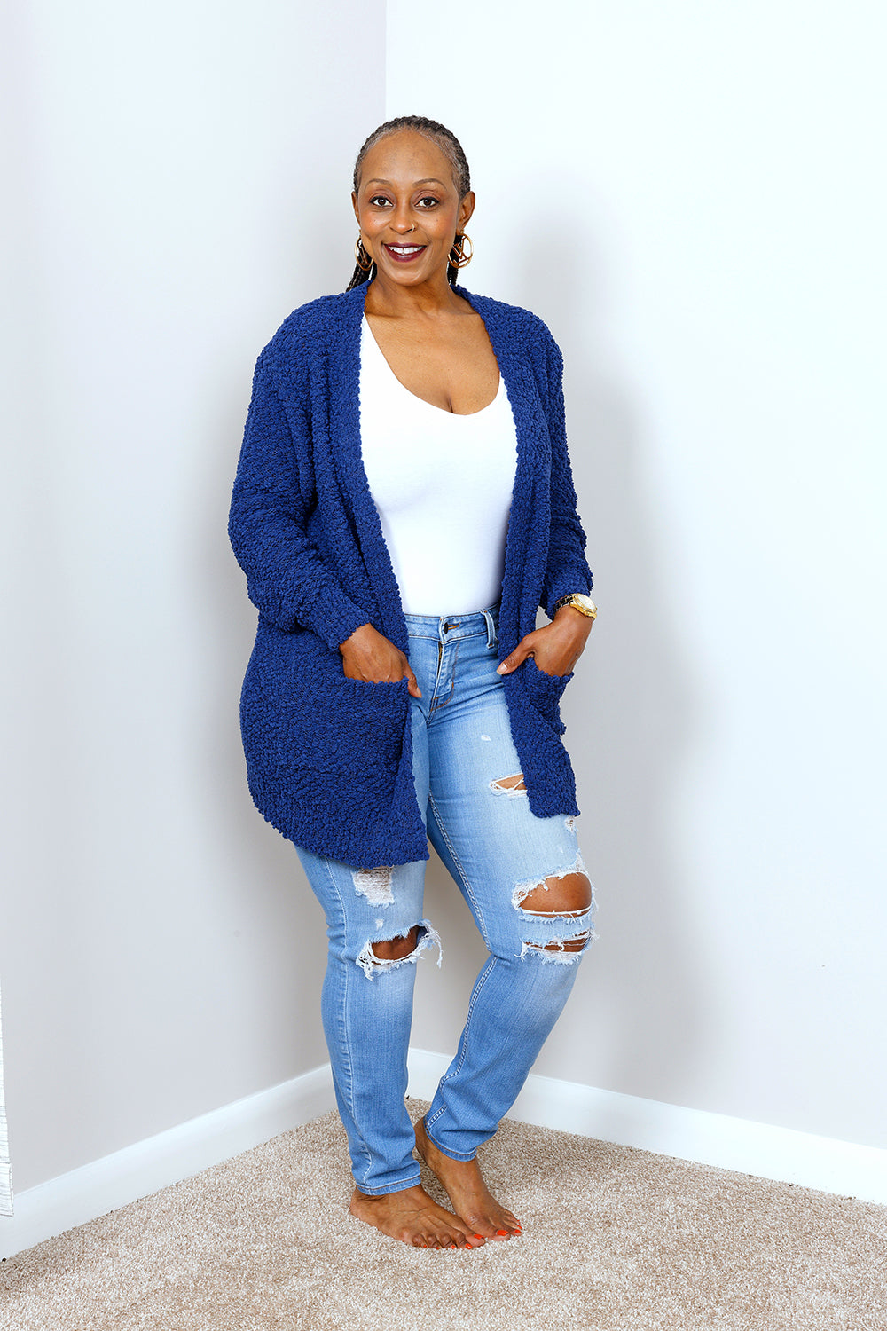 POPCORN CARDIGAN SWEATER w/ POCKETS | LT. NAVY