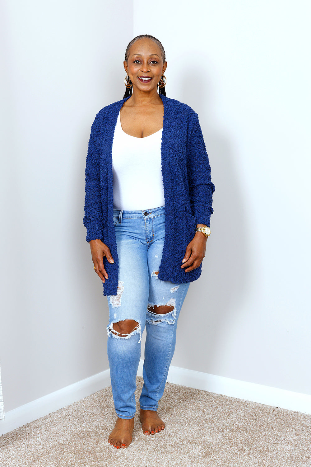 POPCORN CARDIGAN SWEATER w/ POCKETS | LT. NAVY