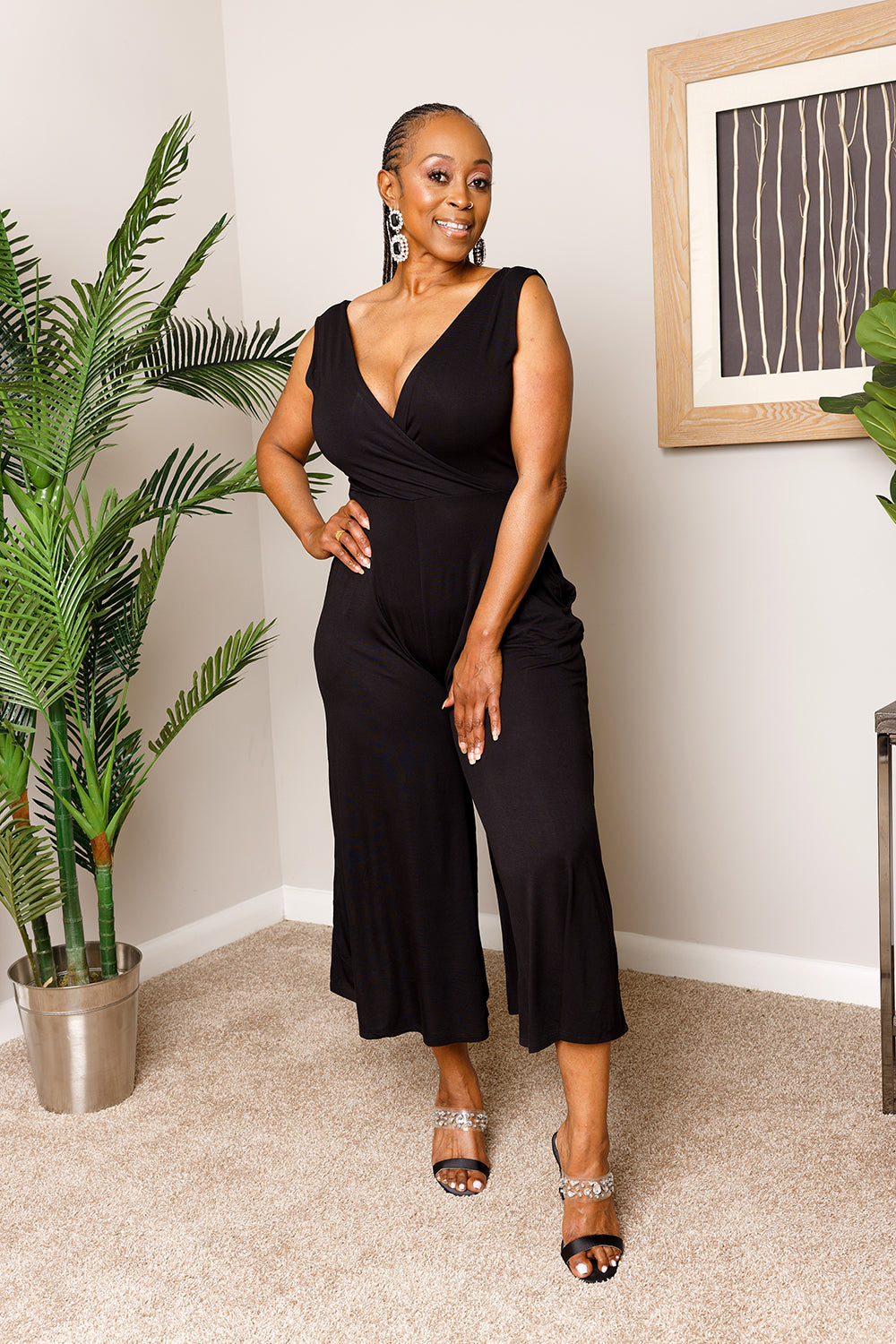 Black Surplice Neckline Wide Leg Jumpsuit with pockets