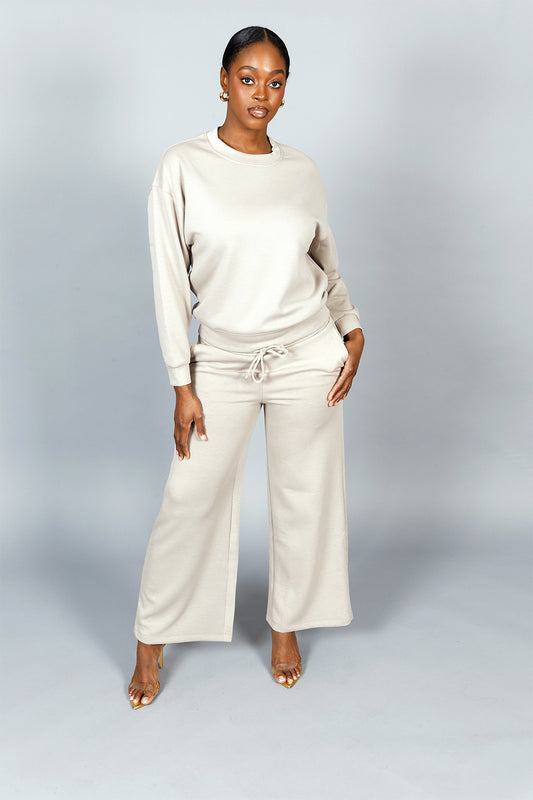 SCUBA CREWNECK WIDE LEG JOGGER SET- ASH MOCHA