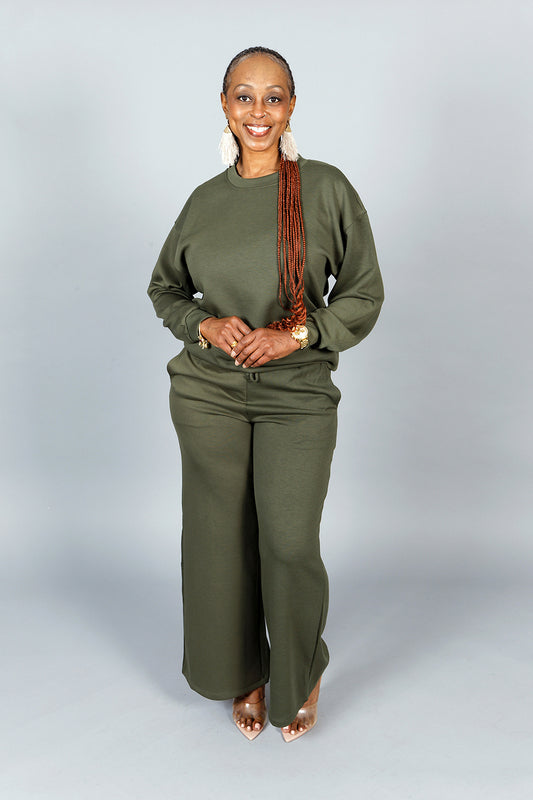 SCUBA CREWNECK WIDE LEG JOGGER SET- DK. OLIVE