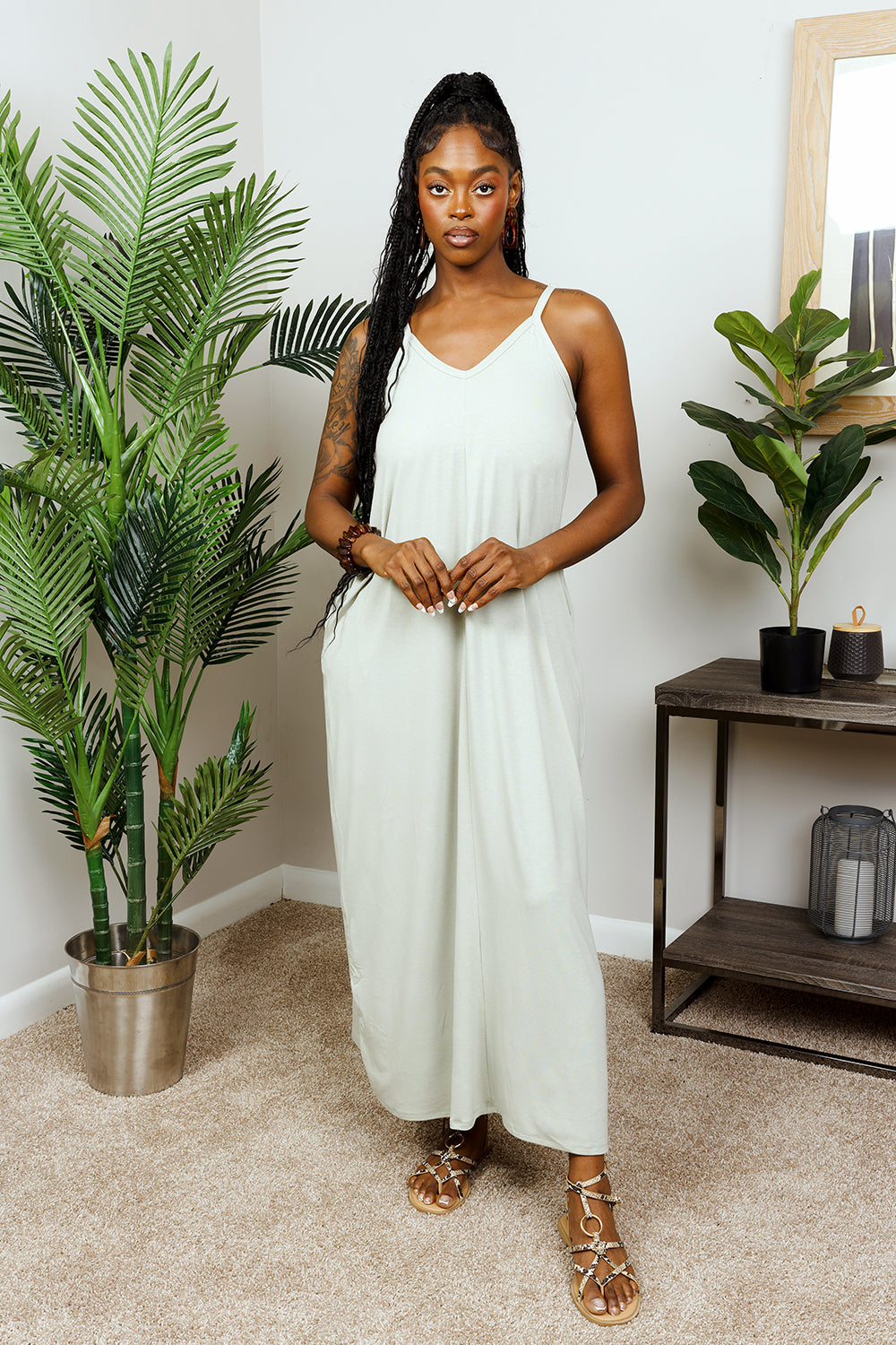 V-NECK CAMI MAXI DRESS w/ SIDE POCKETS| SAGE