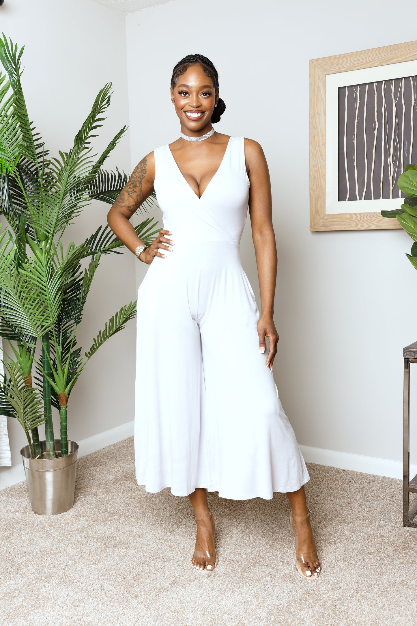 SURPLICE NECKLINE SLEEVELESS JUMPSUIT W/ POCKETS| SILVER